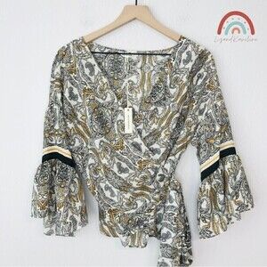 New! Max Studio Bohemian Floral Paisley Wrap Bell Sleeve Blouse Top